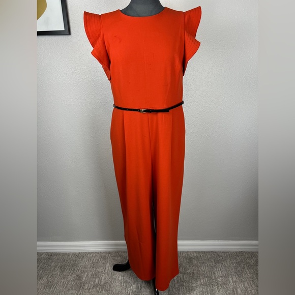 Calvin Klein Belted Ruffle-Sleeve Jumpsuit - Picture 1 of 8